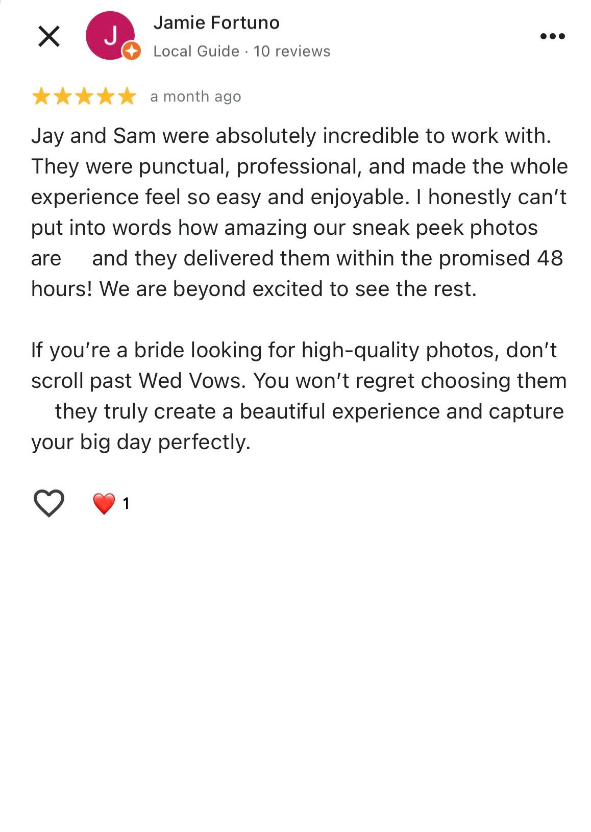 Five-star Google review from Jamie Fortuno praising Wed Vows wedding photographers Jay and Sam.