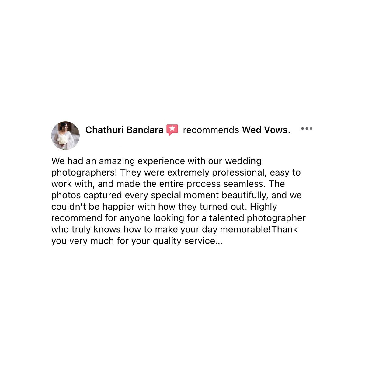 Facebook review by Chathuri Bandara recommending Wed Vows professional wedding photographers for seamless memorable service.