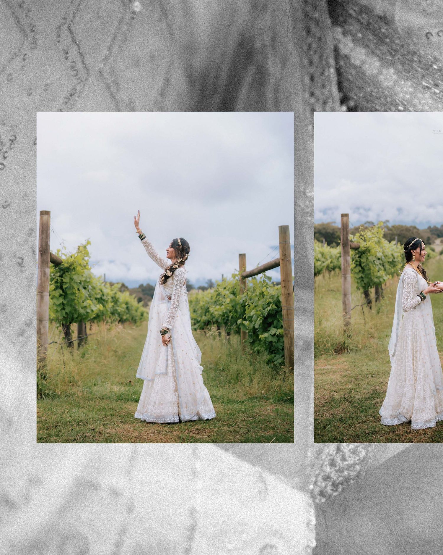 Indian bride in white embroidered lehenga posing gracefully in lush vineyard on overcast day.