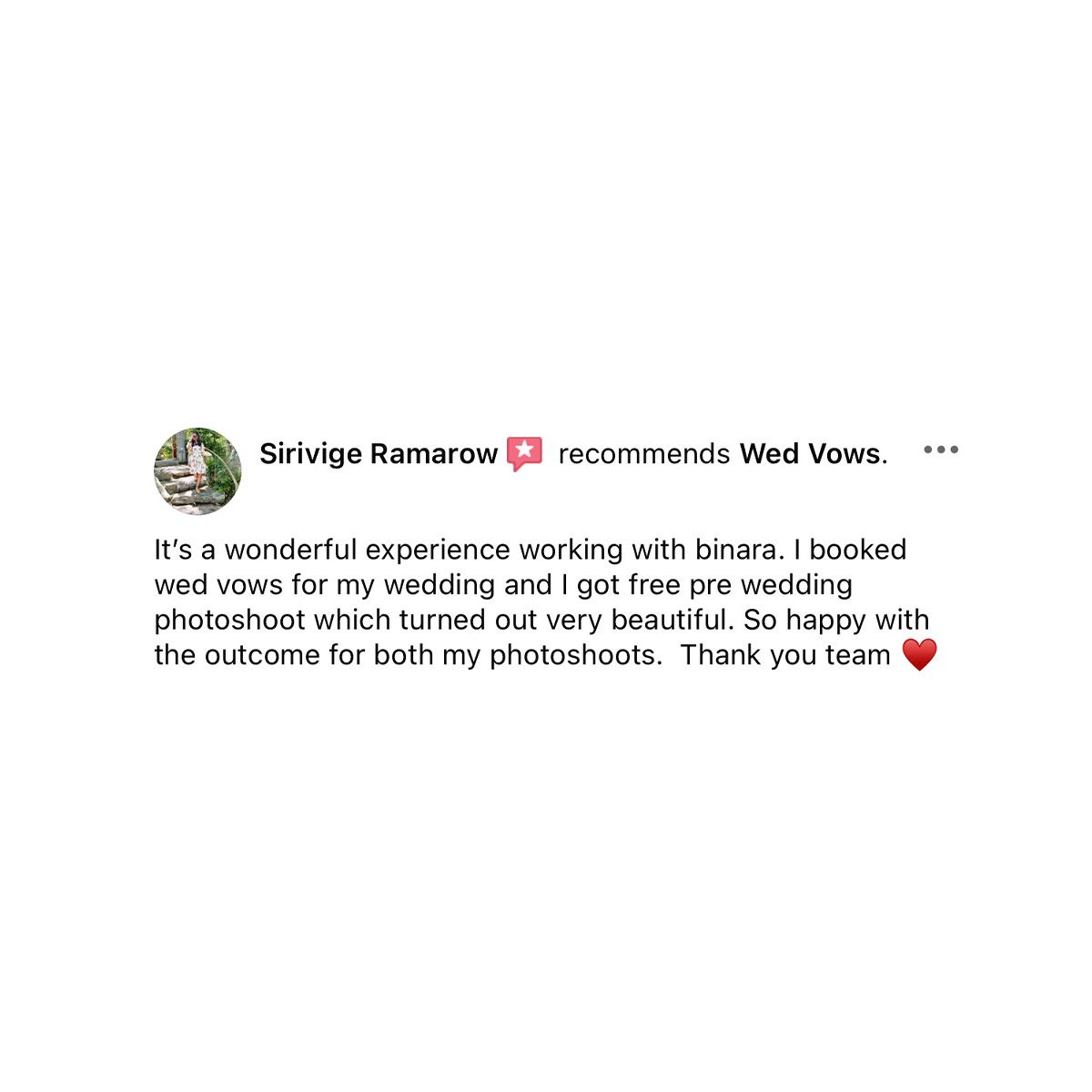 Facebook review from Sirivige Ramarow recommending Wed Vows wedding photography and pre-wedding photoshoot services.