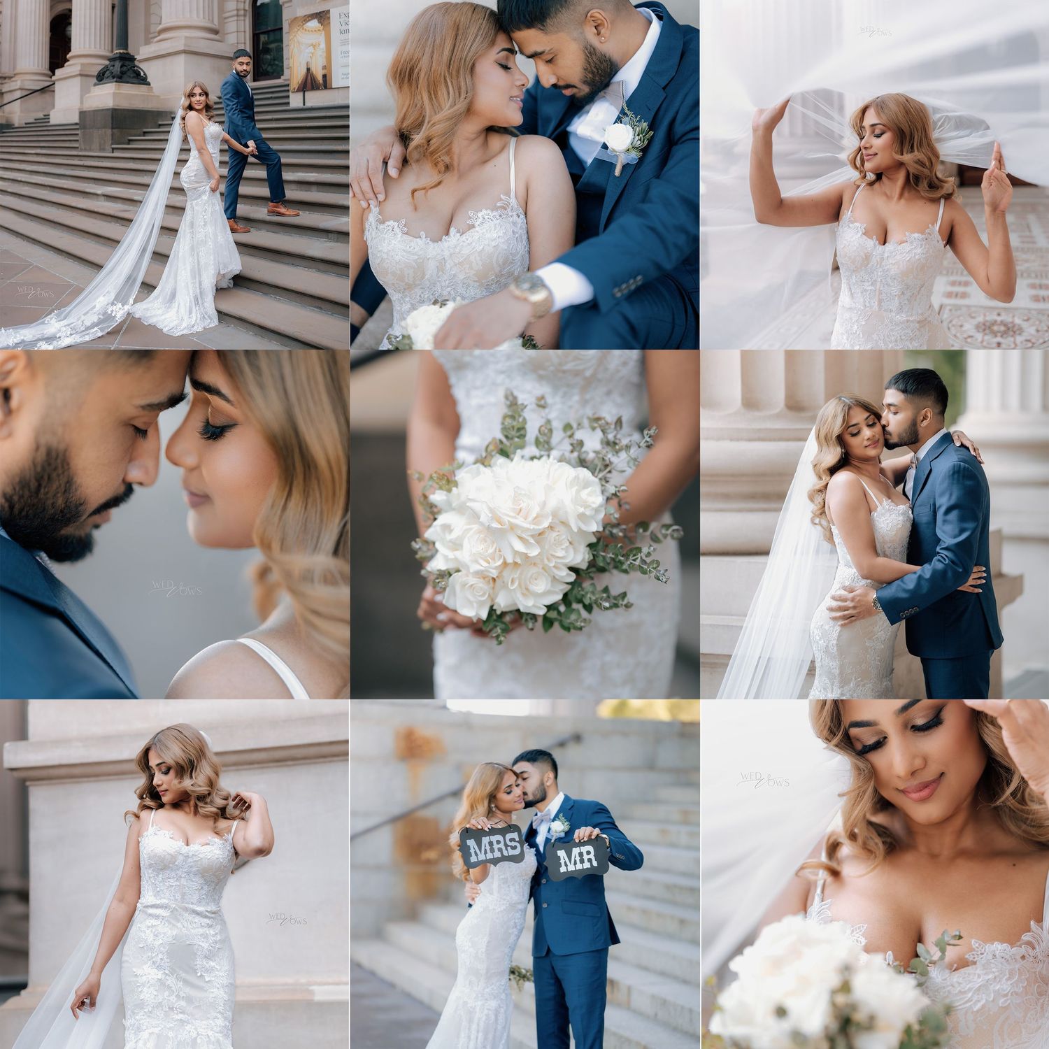 Glamorous wedding collage with bride in lace gown and groom in navy suit at grand columned venue.