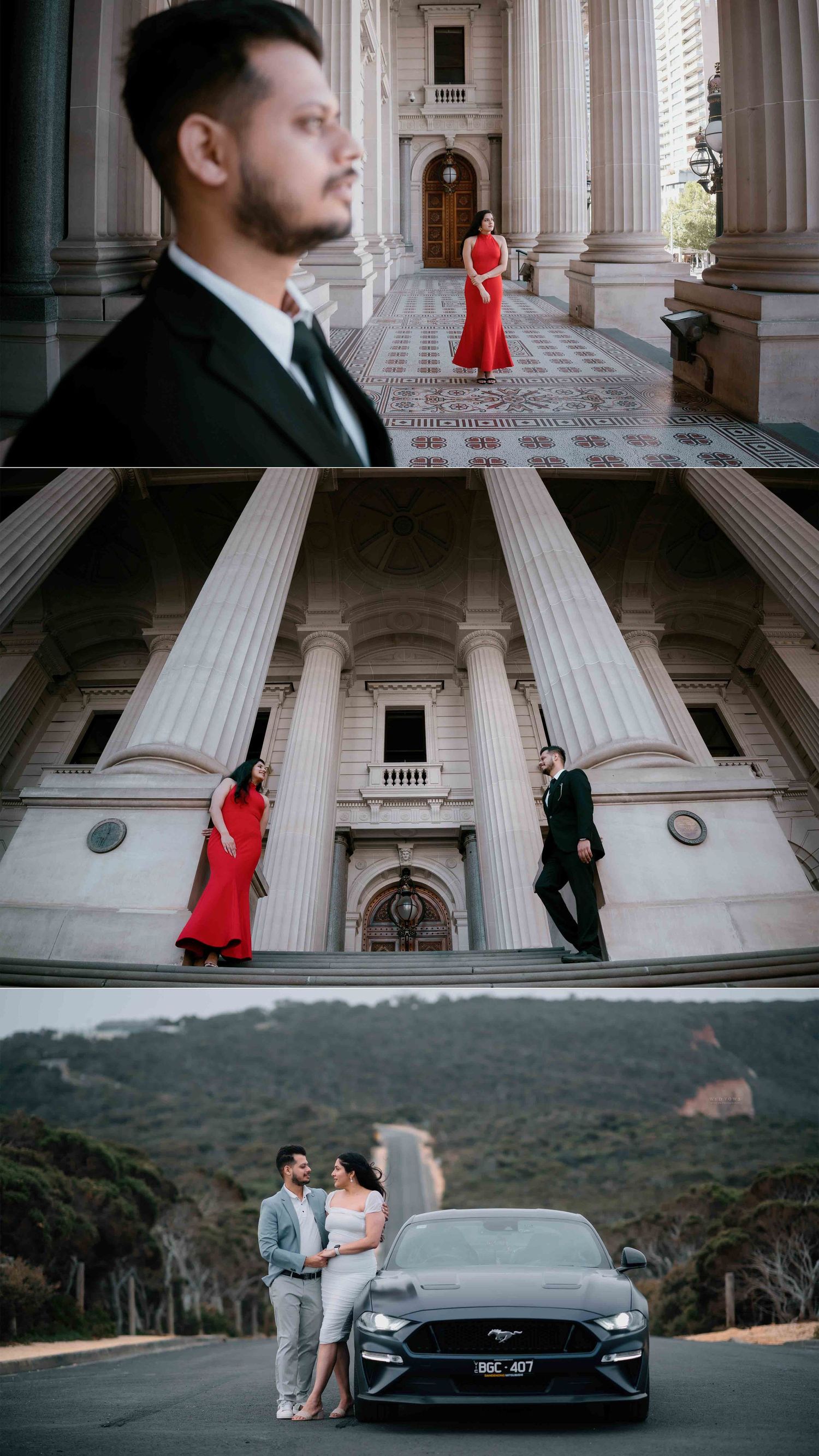 Couple in elegant attire pose at a grand building and beside a Ford Mustang for a romantic photoshoot.