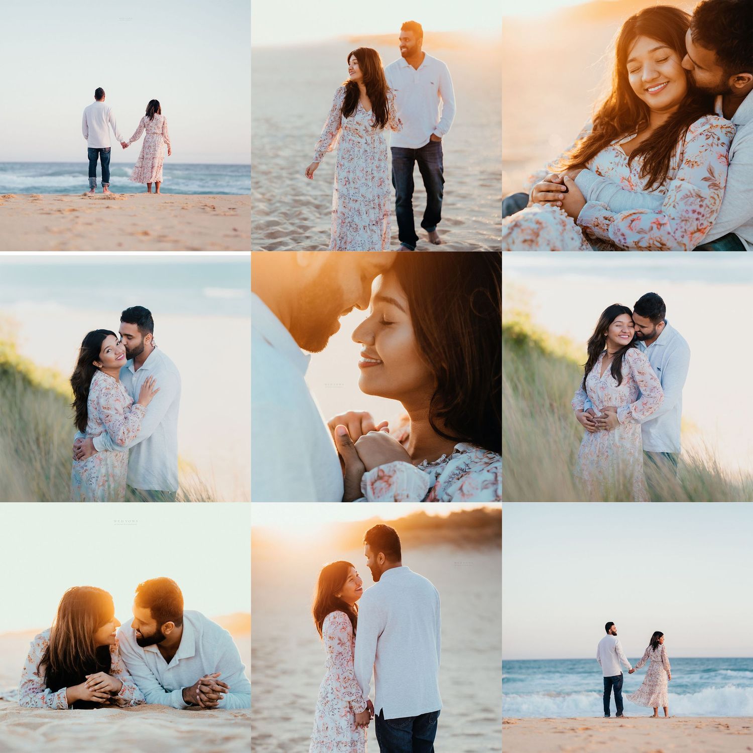 Golden hour beach engagement session collage with couple sharing tender romantic moments at sunset.