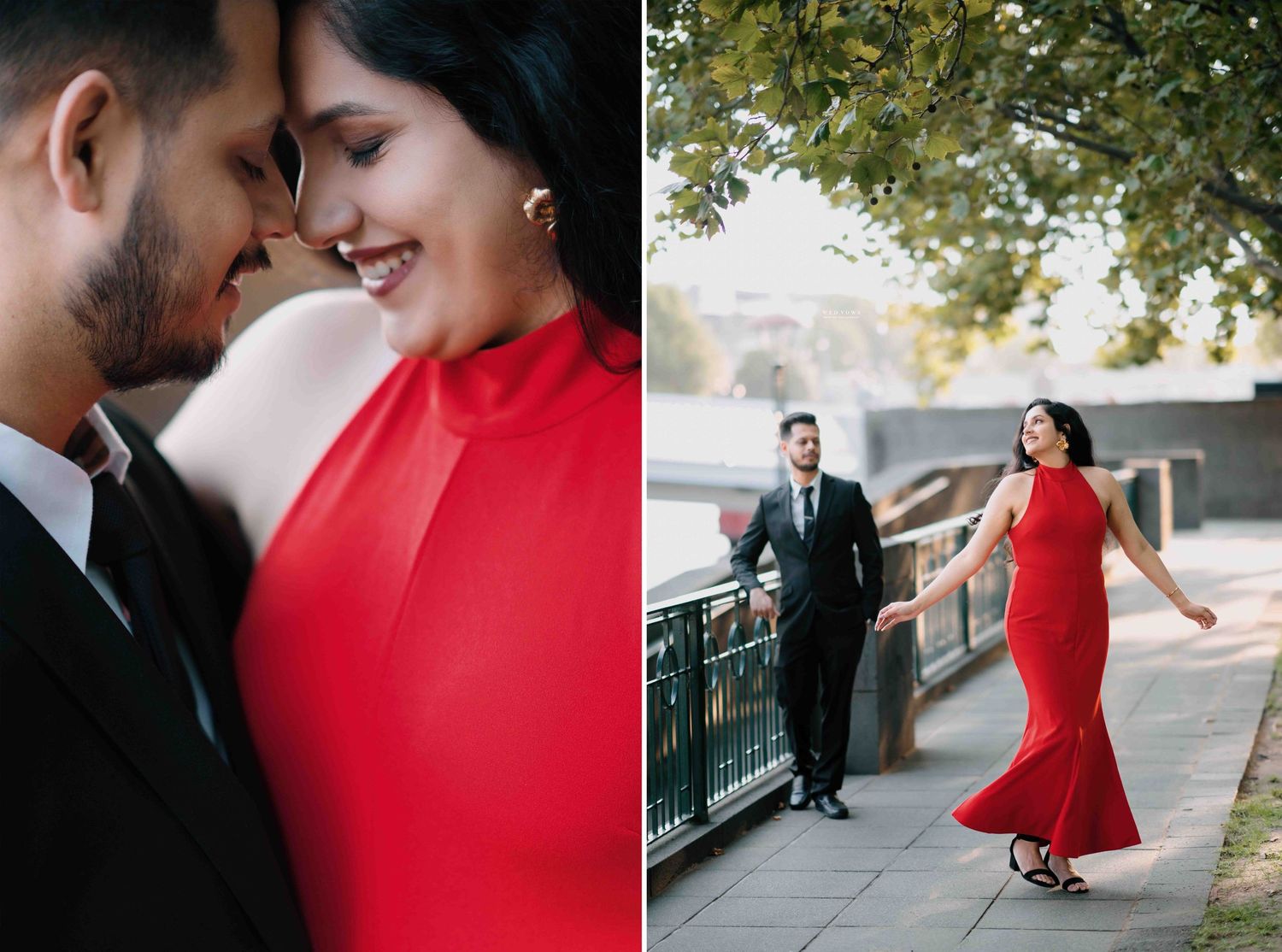 Couple in red dress and black suit share a tender moment and walk along a riverside promenade.