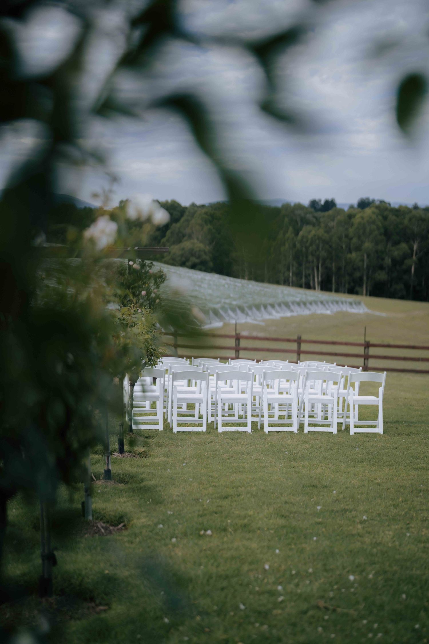 White folding chairs arranged on green grass for an outdoor wedding ceremony beside a wooden fence.