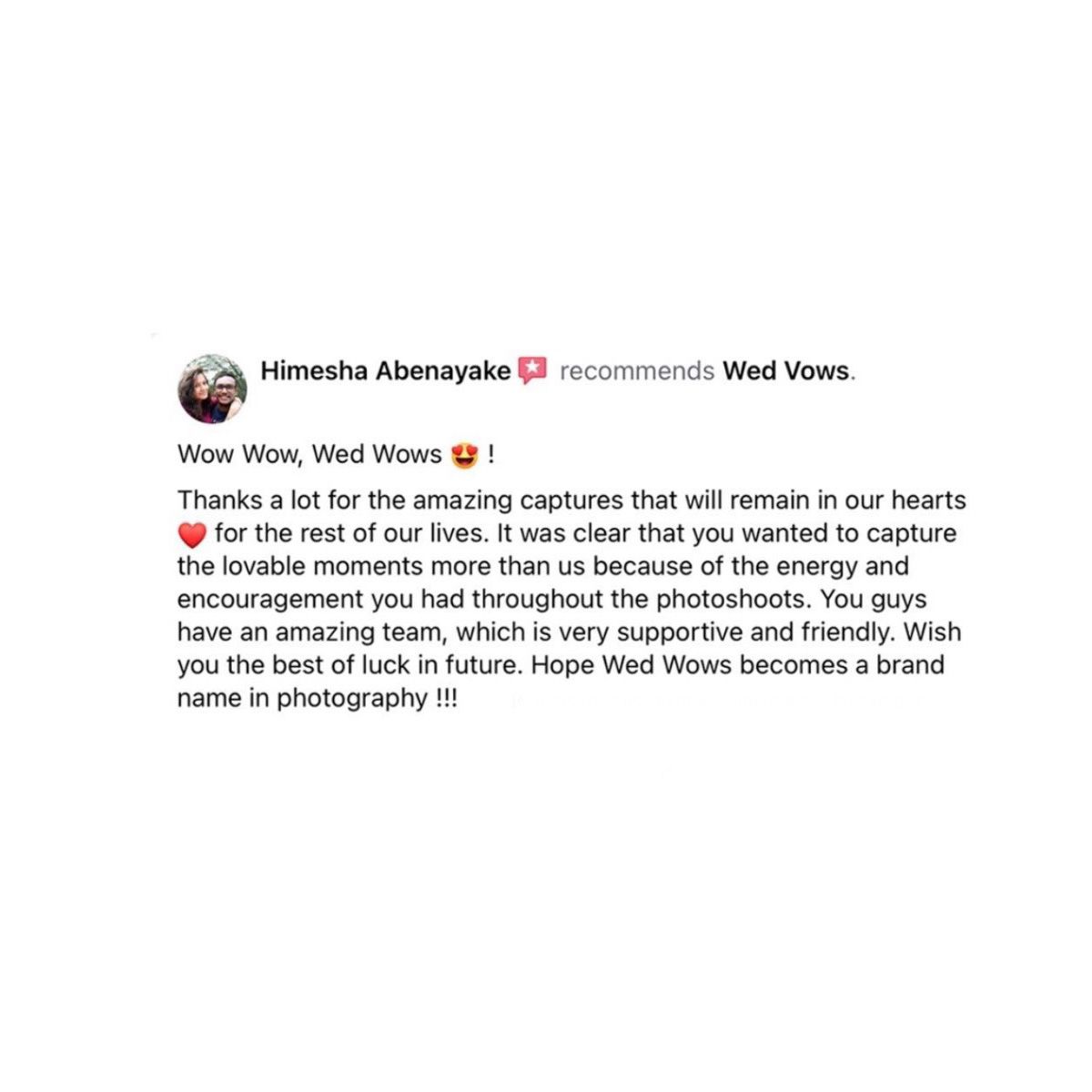 Himesha Abenayake five-star Facebook review recommending Wed Vows photography for their outstanding wedding photoshoot experience.