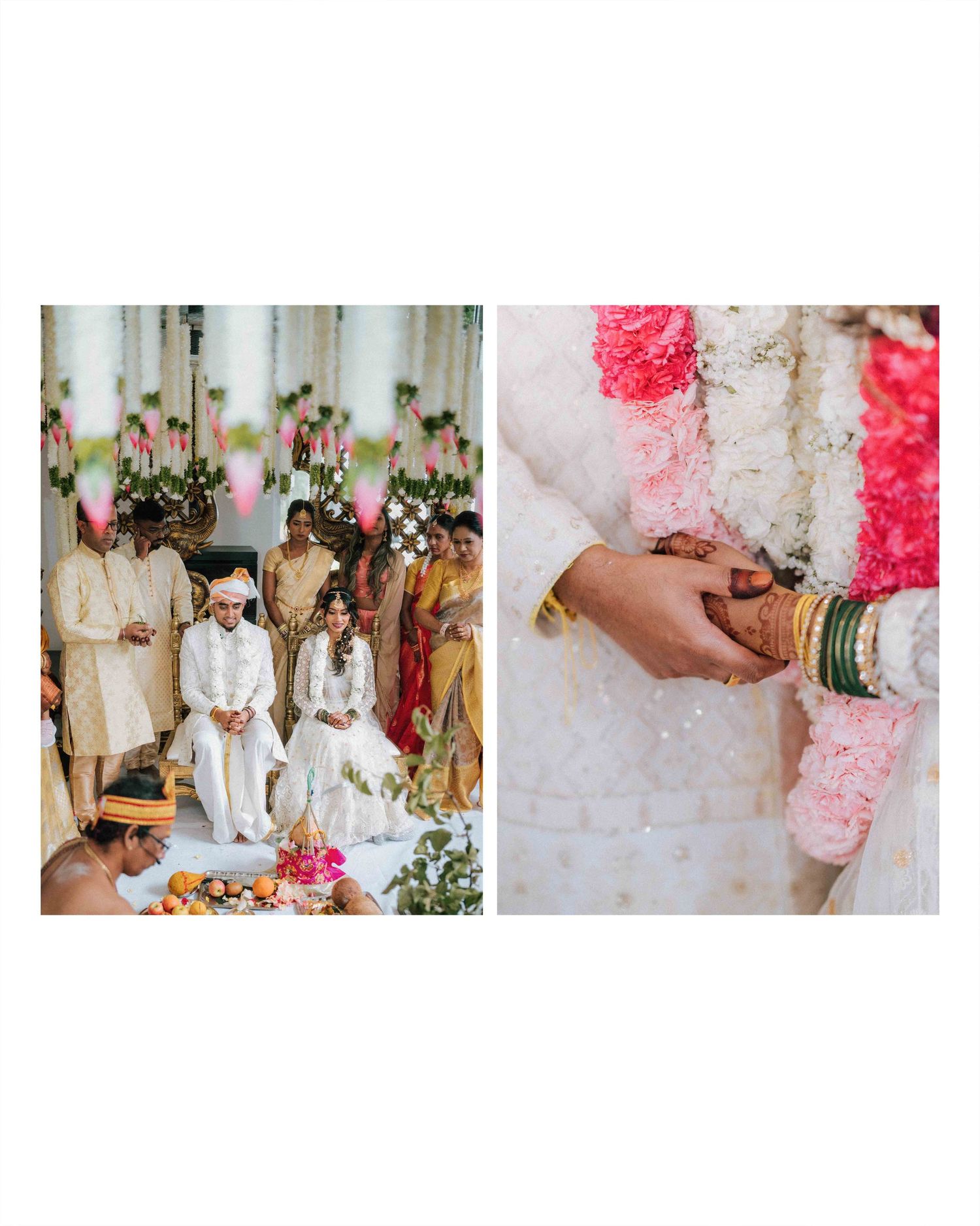 Indian wedding ceremony with couple seated during traditional Hindu rituals surrounded by floral decorations.