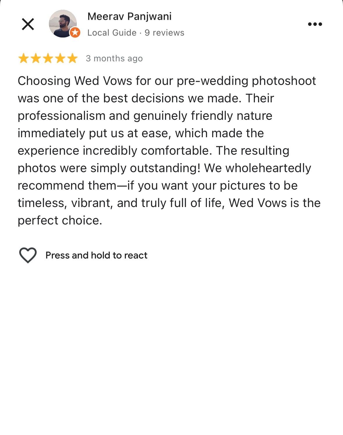Five-star Google review recommending Wed Vows for outstanding, timeless, and vibrant pre-wedding photoshoot results.