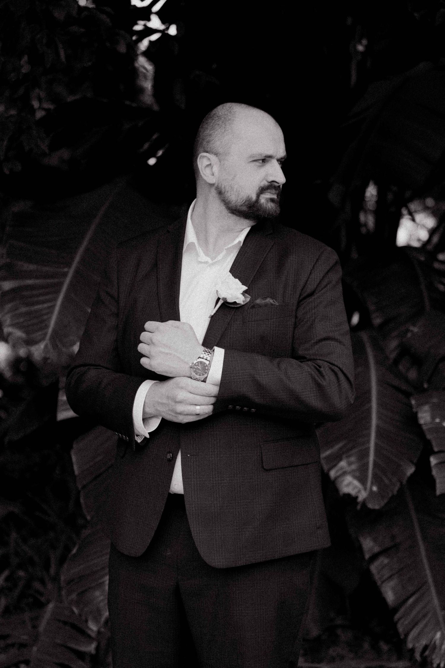 Black and white portrait of bald groom in dark suit adjusting cufflinks with boutonniere among tropical leaves.