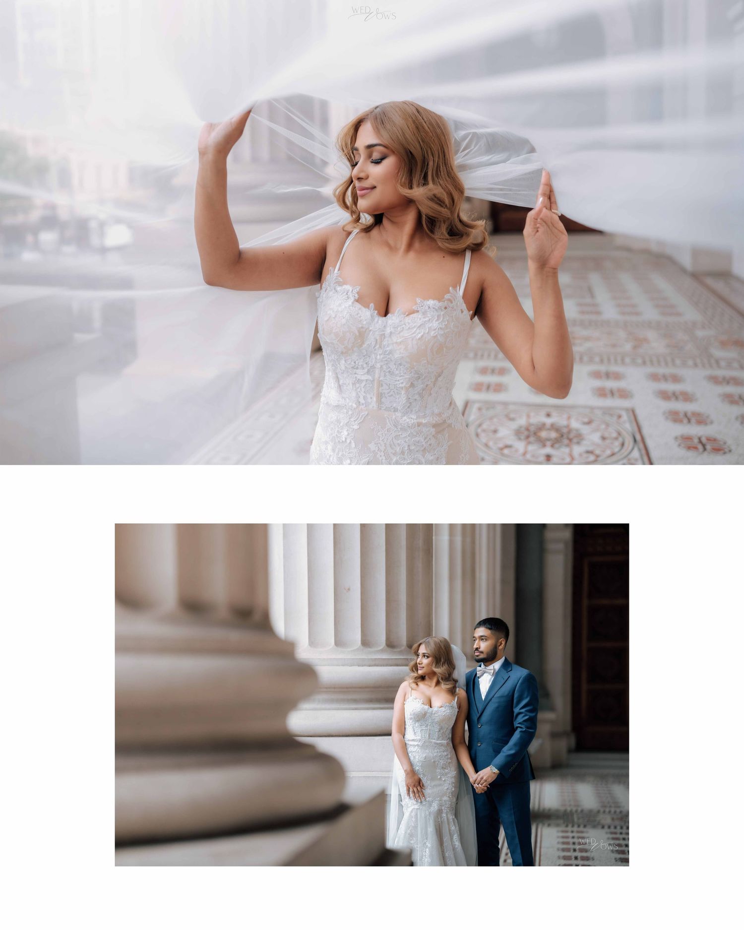 Elegant bride in lace wedding dress with flowing veil and couple posing by classical columns.