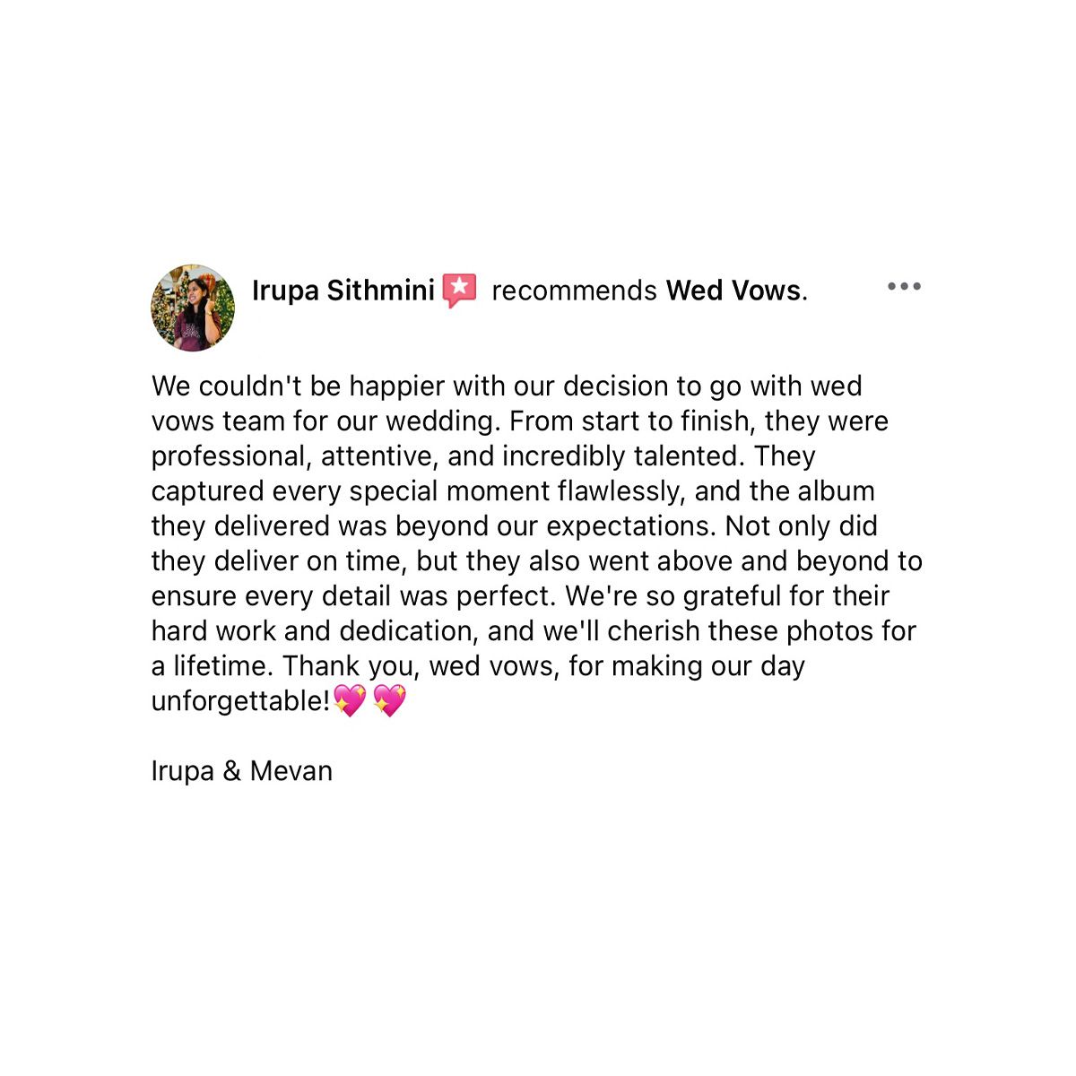 Facebook review from Irupa Sithmini recommending Wed Vows wedding photography team for exceptional service and dedication.