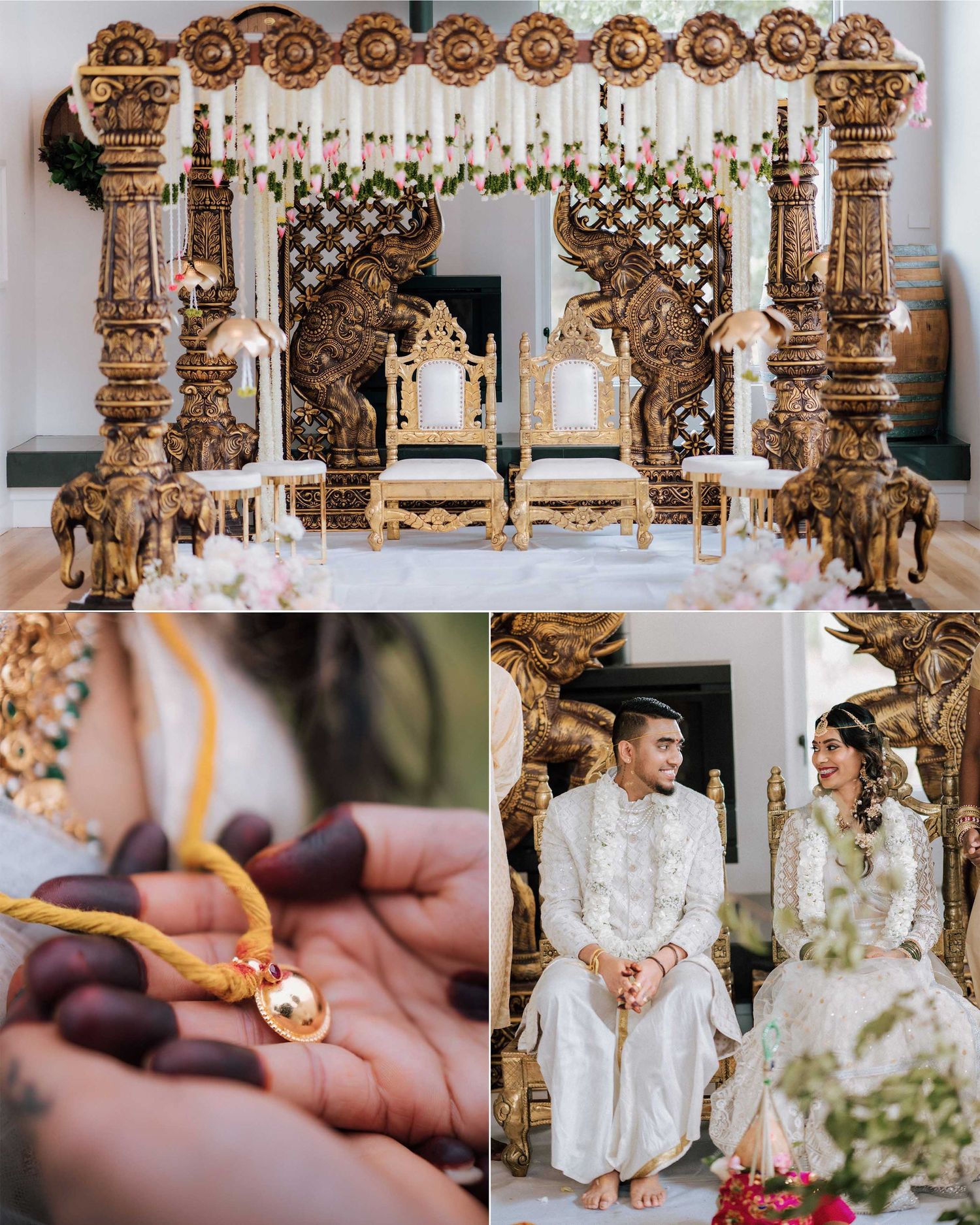 Ornate Indian wedding mandap with gold carved pillars, couple in white attire seated on thrones, and mangalsutra detail.
