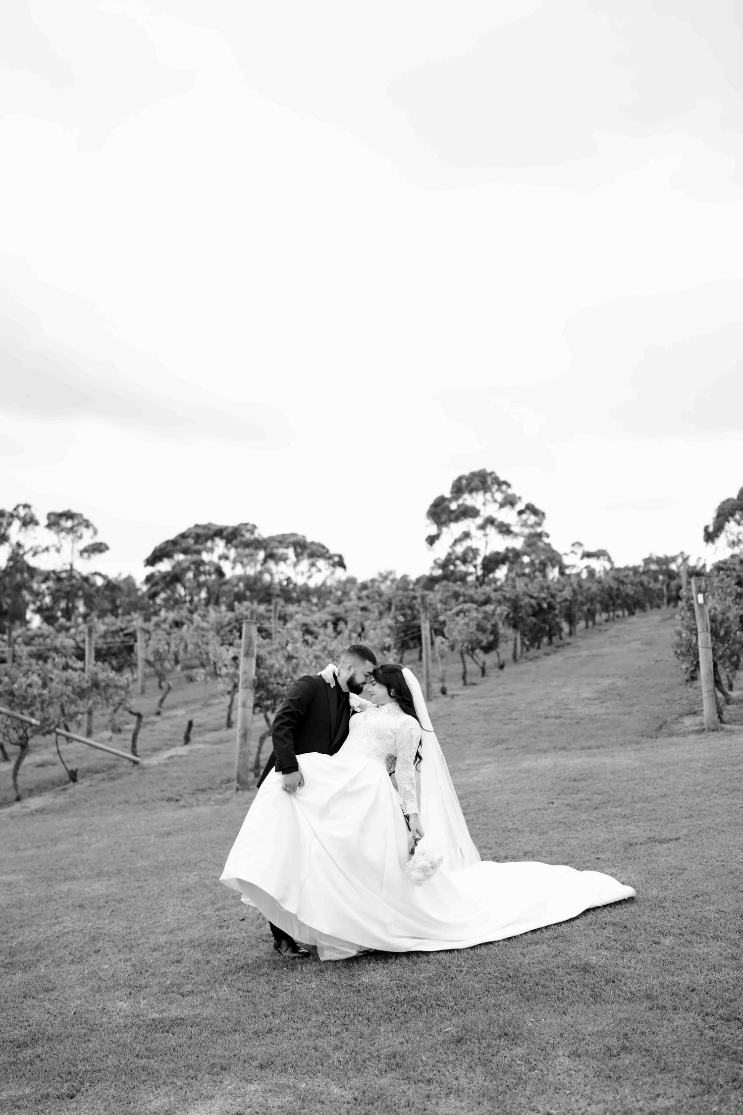 Black and white photo of bride and groom sharing a romantic dip kiss in a vineyard setting.