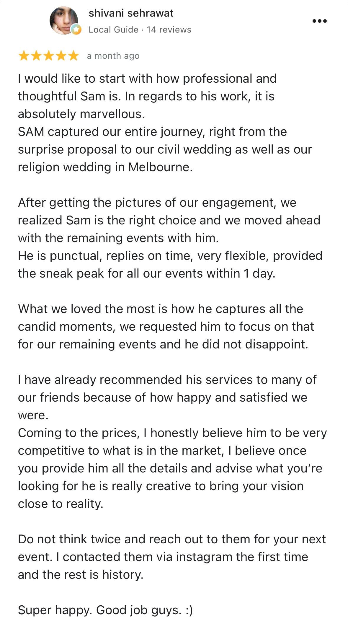 Five-star Google review from Shivani Sehrawat praising Wed Vows photographer Sam for professional wedding coverage.