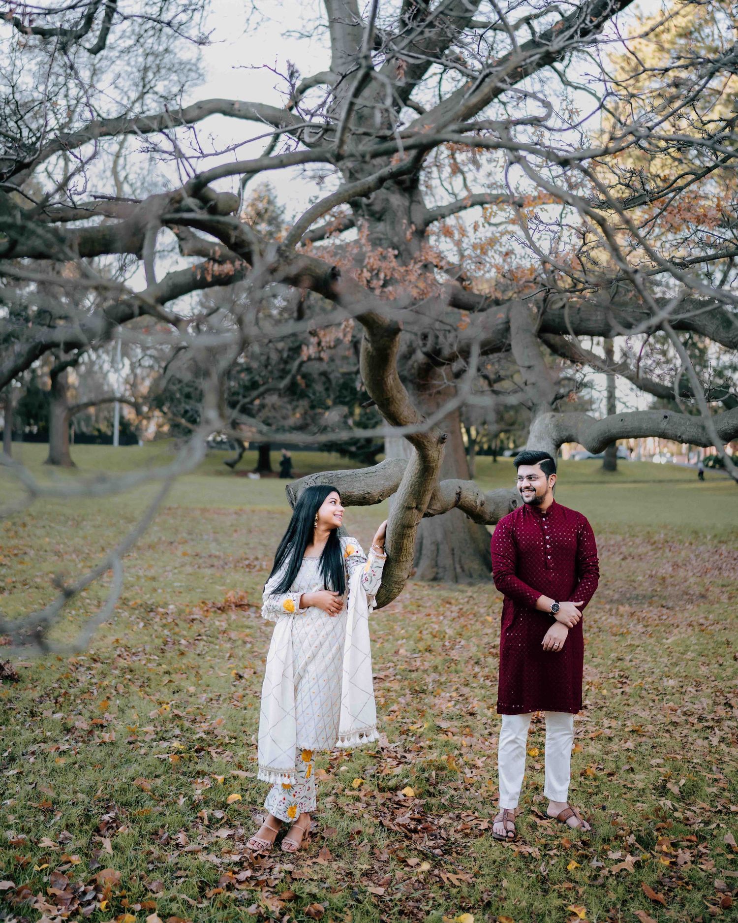 Indian couple in traditional outfits standing beneath a large twisted bare tree in an autumn park.