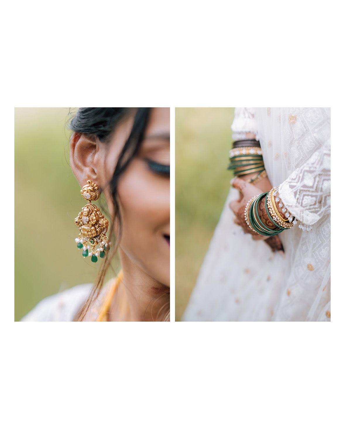 Close-up of Indian bride wearing gold jhumka earrings with emerald drops and green and gold bangles.