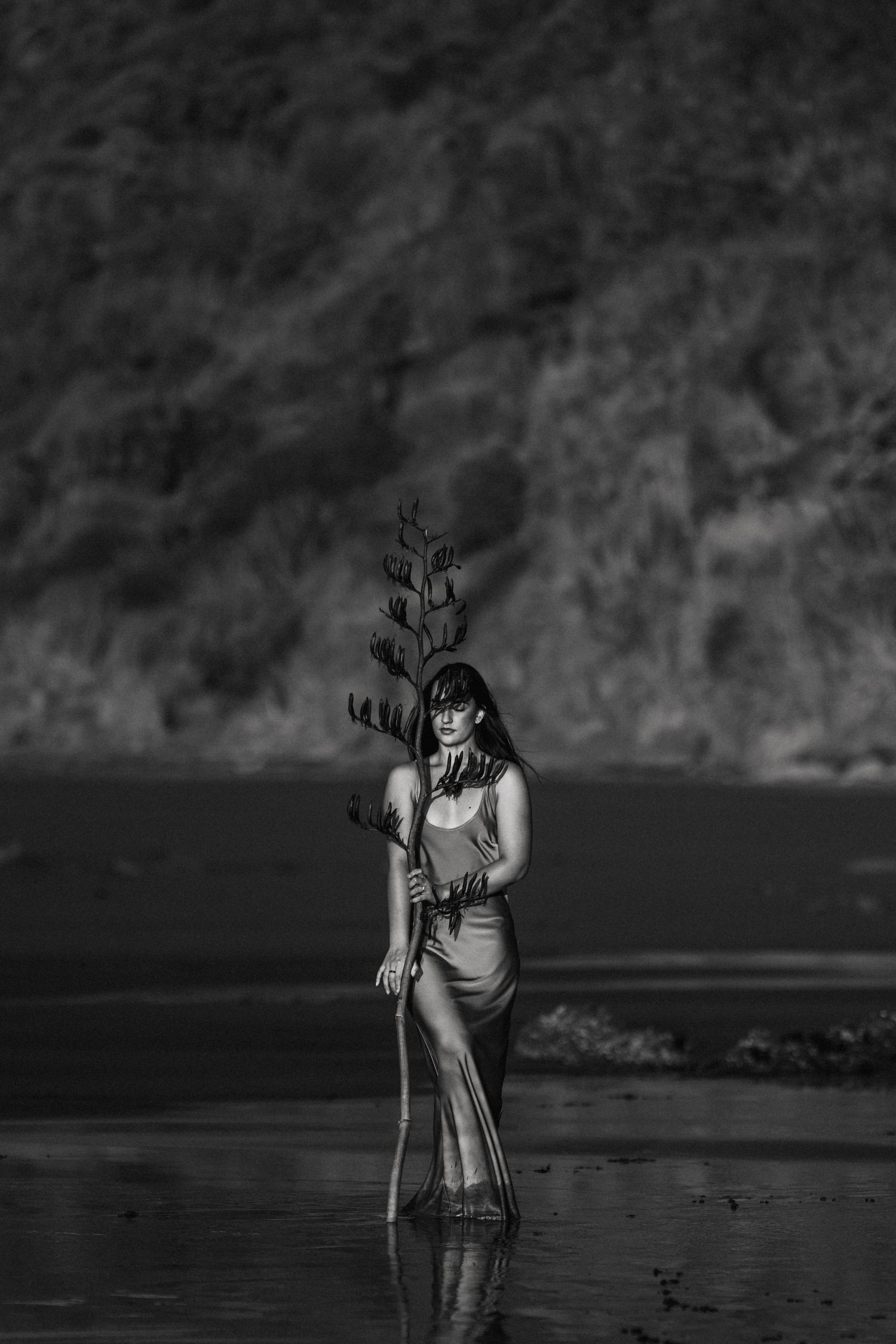 A woman holds a flax branch standing in the sunset on a West Coast, black sand beach. Image created by Photography by Chloe
