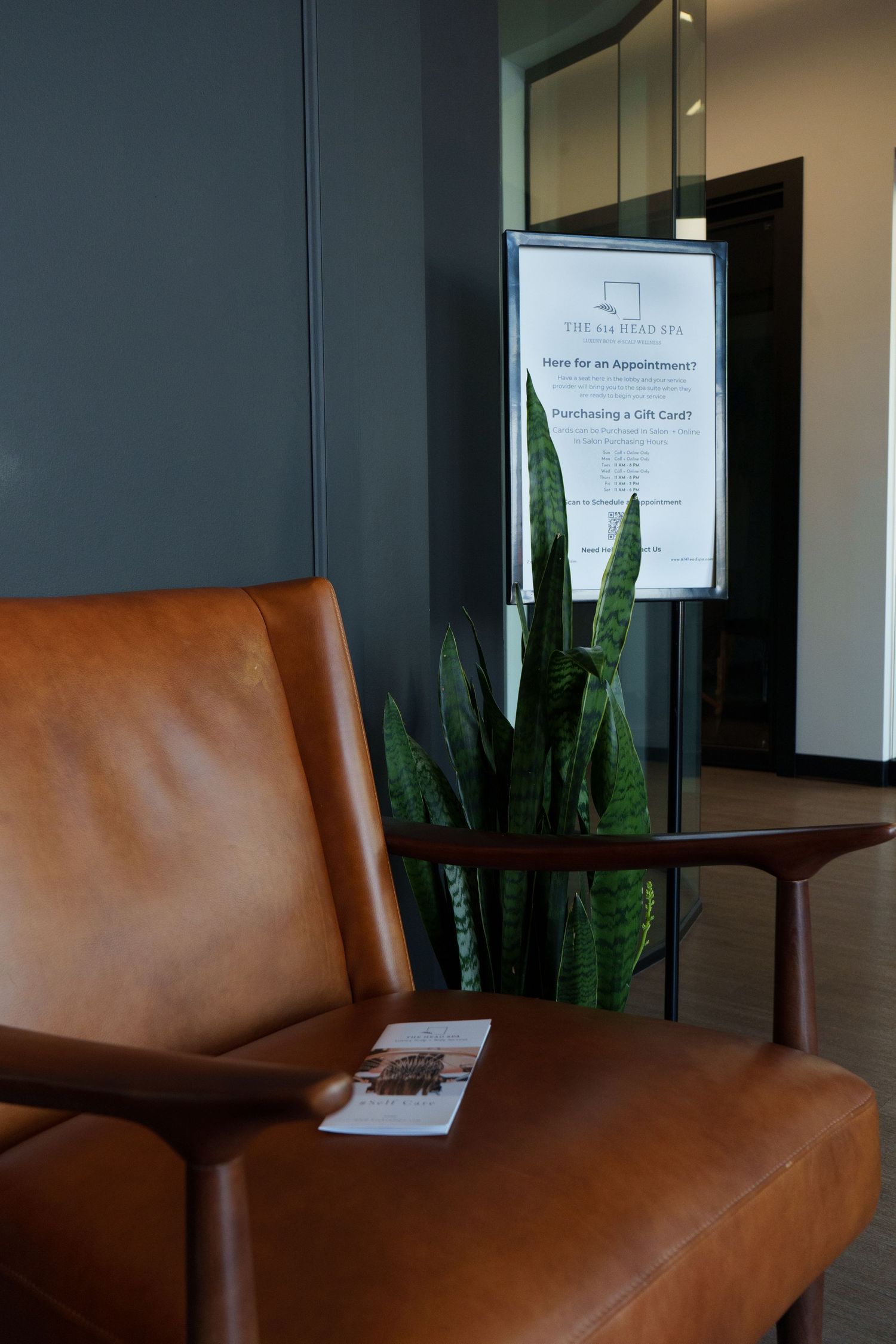 Modern tan leather mid-century chair in a spa waiting room with snake plant and appointment sign.