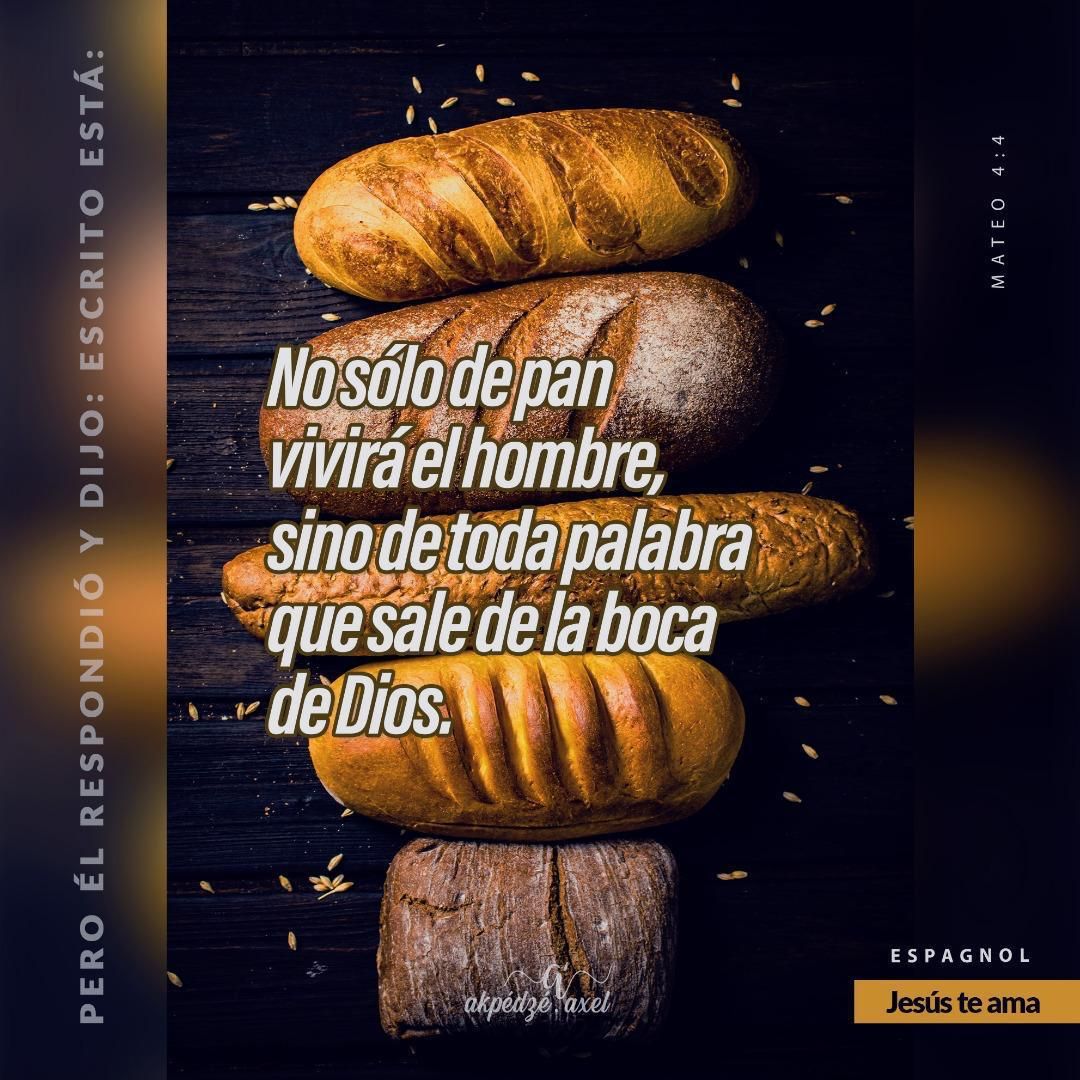 Rustic artisan bread loaves displayed on dark wooden surface with text overlay about spiritual nourishment.