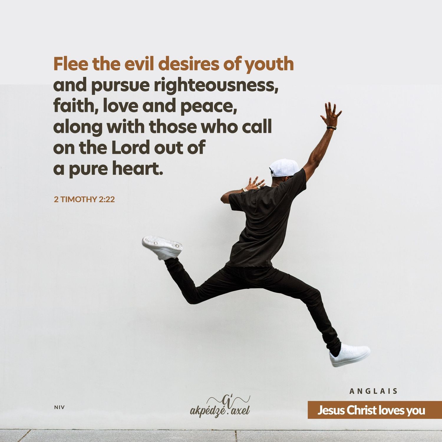 A silhouetted figure leaps dramatically against a white background with Bible verse text overlays.