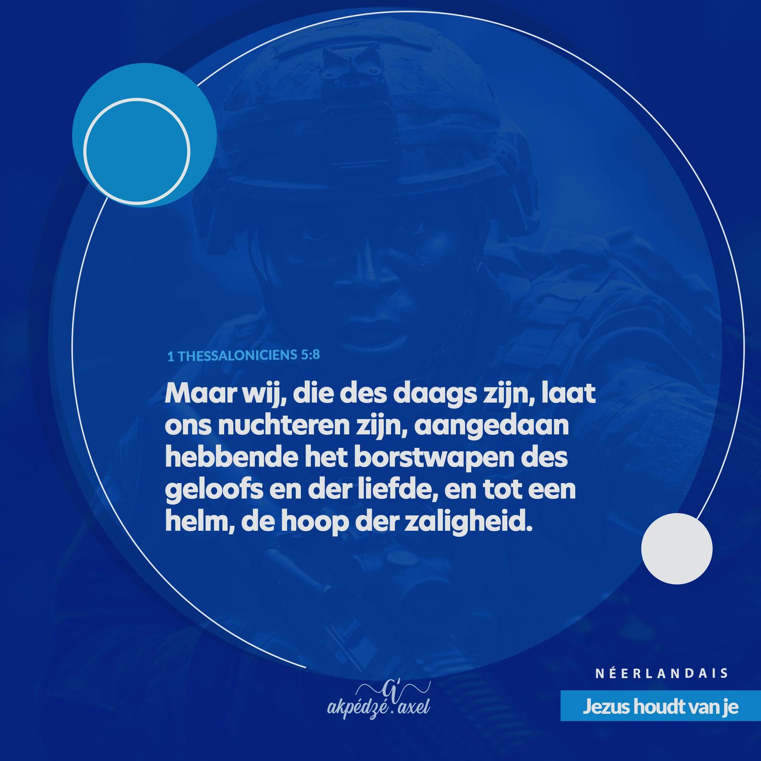 Blue circular graphic with white Dutch text and minimalist design creating a zen-like promotional message appearance.