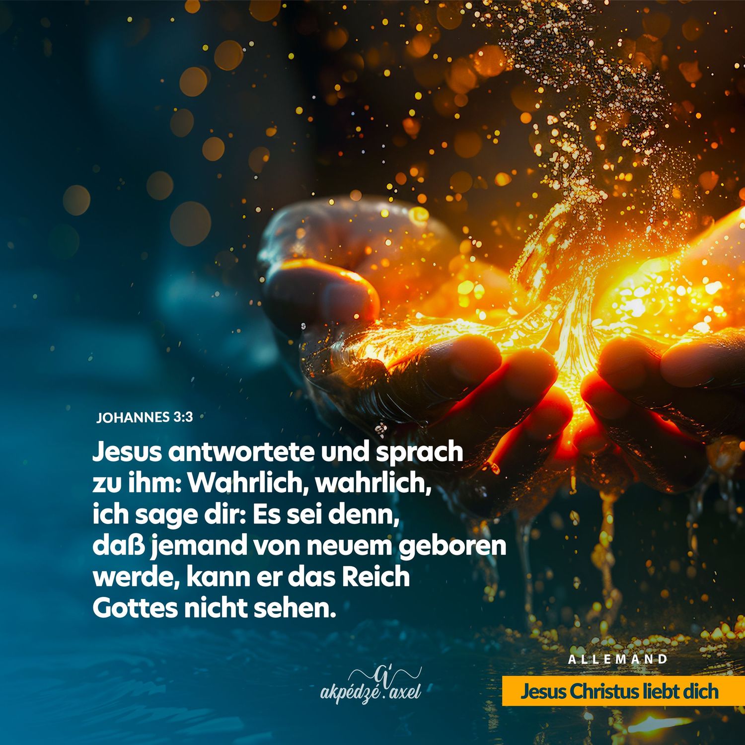 A glowing Bible verse on dark background with orange and blue bokeh lights and fiery effects.