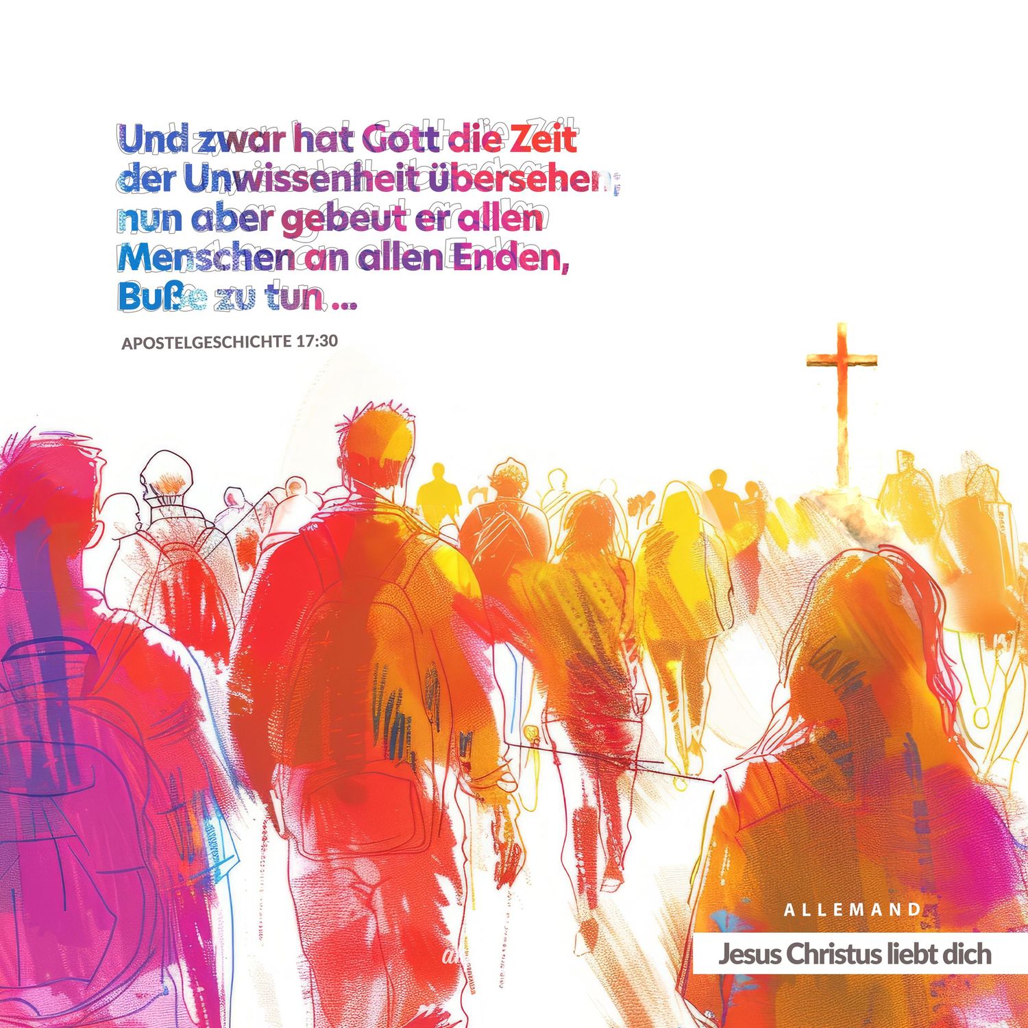 Colorful artistic illustration of people gathered in front of a cross with German text in vibrant pink and orange tones.