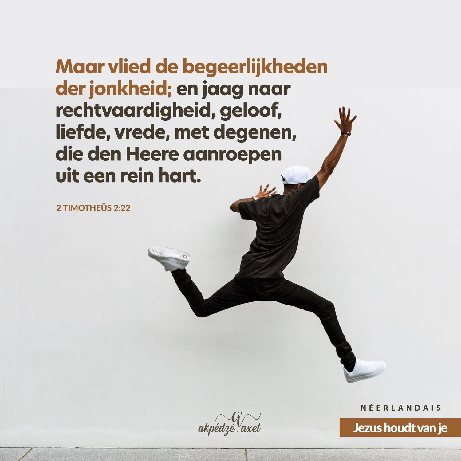 Silhouette of a person leaping through the air against a light background with Dutch text overlay.