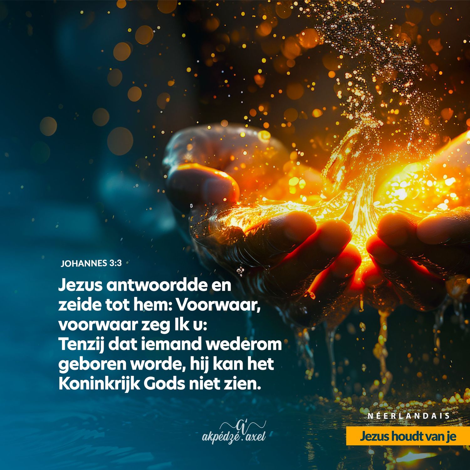 A fiery abstract design with orange and teal colors featuring Dutch biblical text against a dark background with bokeh effects.