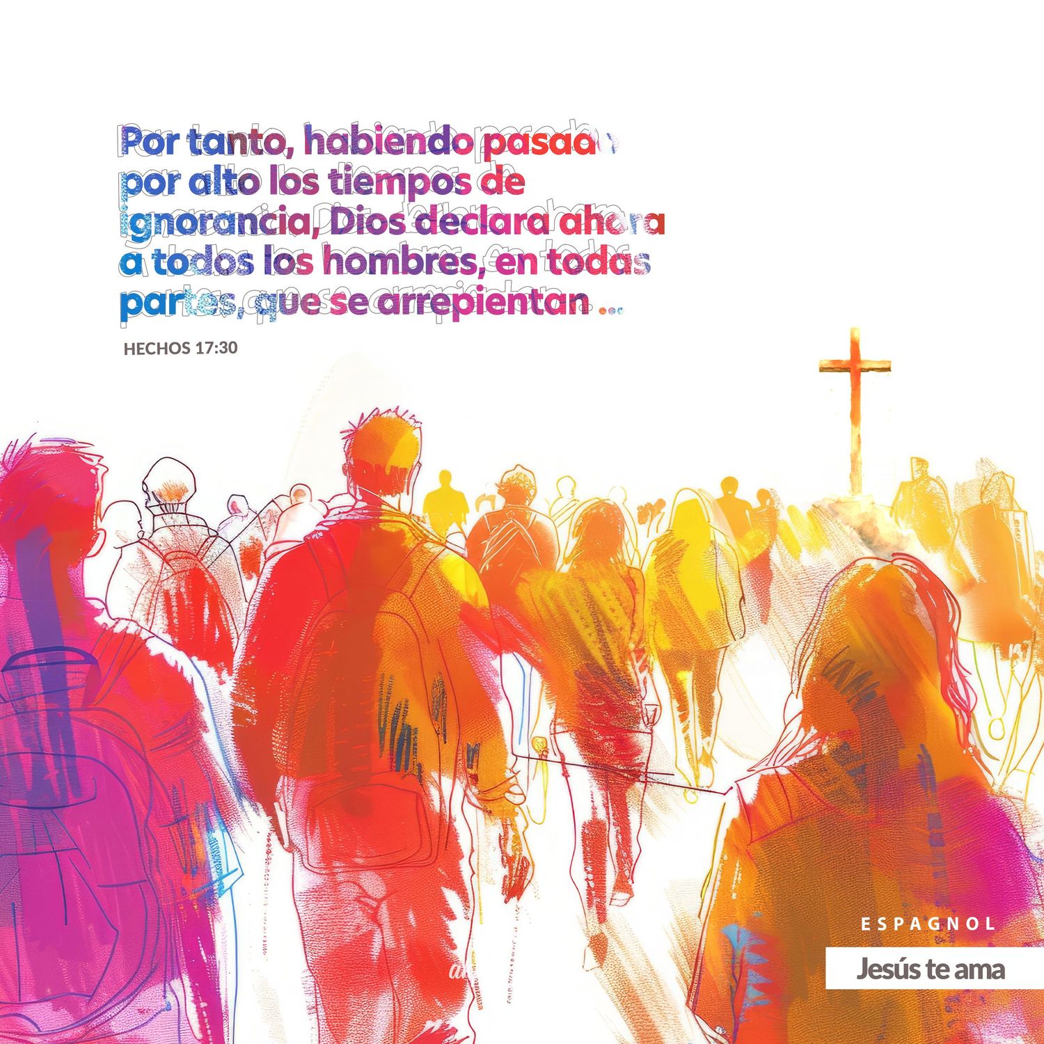 Colorful silhouettes of people walking in a line, painted in vibrant watercolor shades of orange, pink and purple.