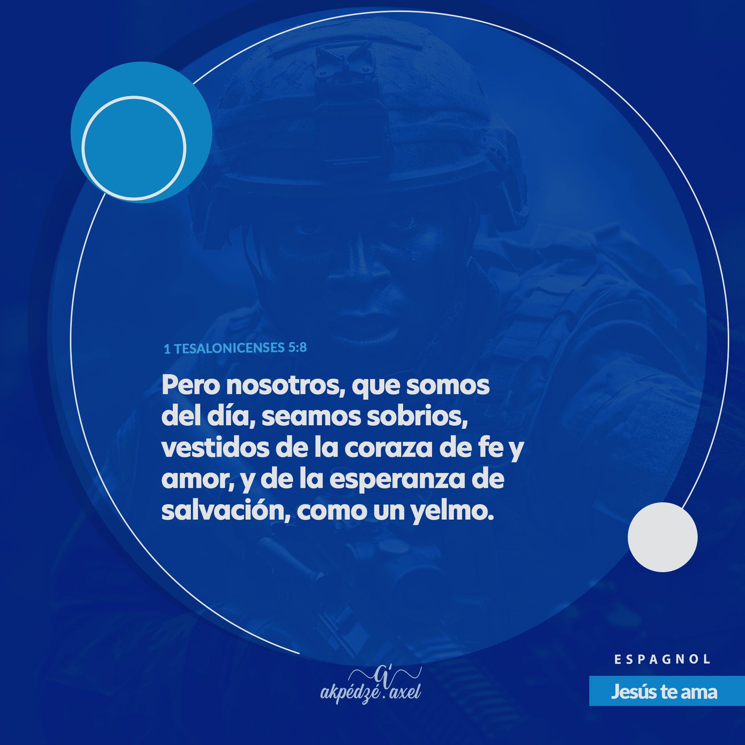 White Spanish bible verse text on dark blue circular background with light blue and white accent circles.
