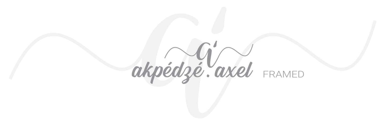 Minimal grey logo design with cursive text reading 'akpedze axel' with decorative flourishes.