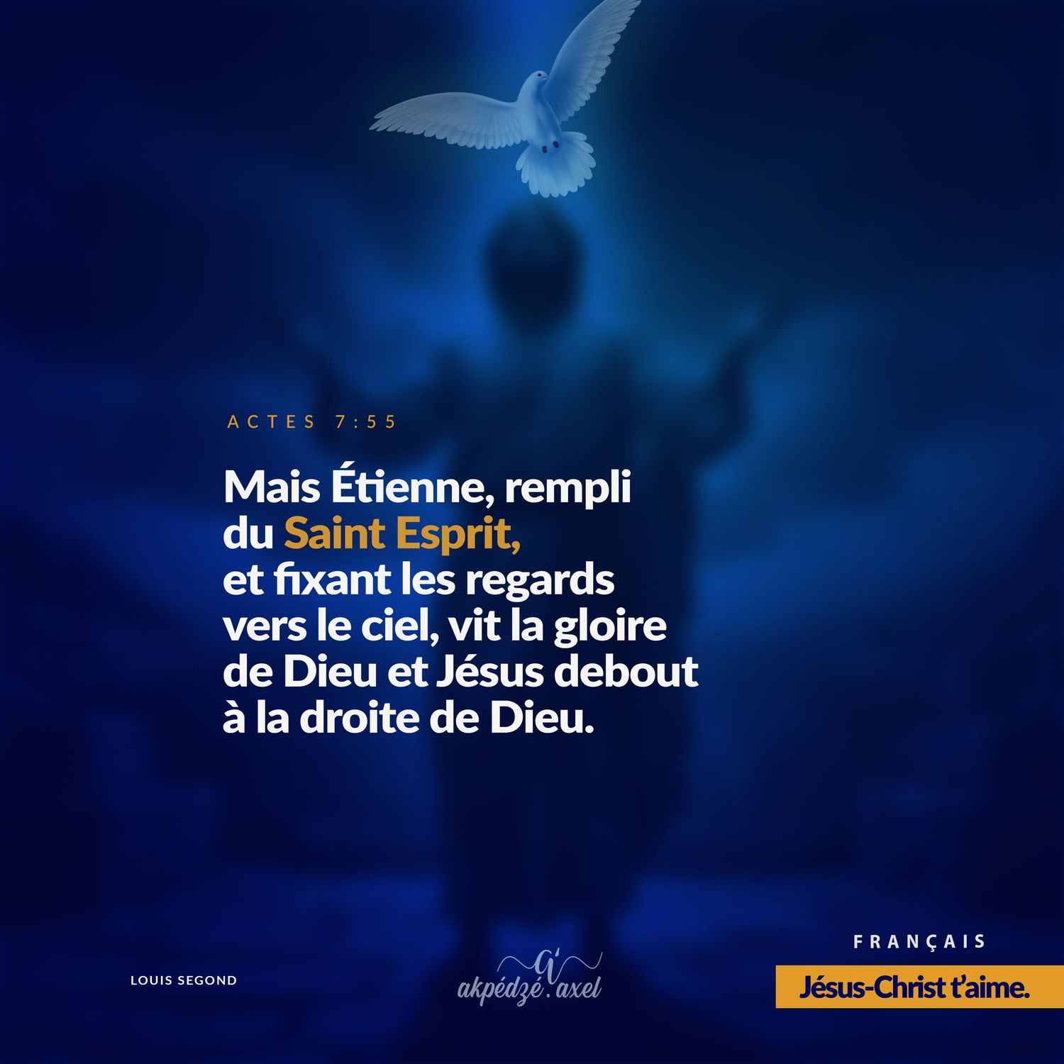Glowing dove silhouette against deep blue background with French scripture verse.