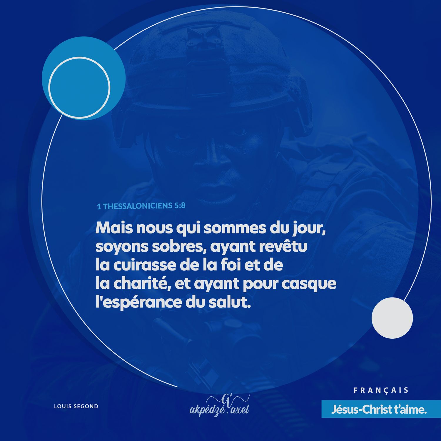 Dark blue circular design with French biblical text from 1 Thessalonians in white lettering and circular accents.