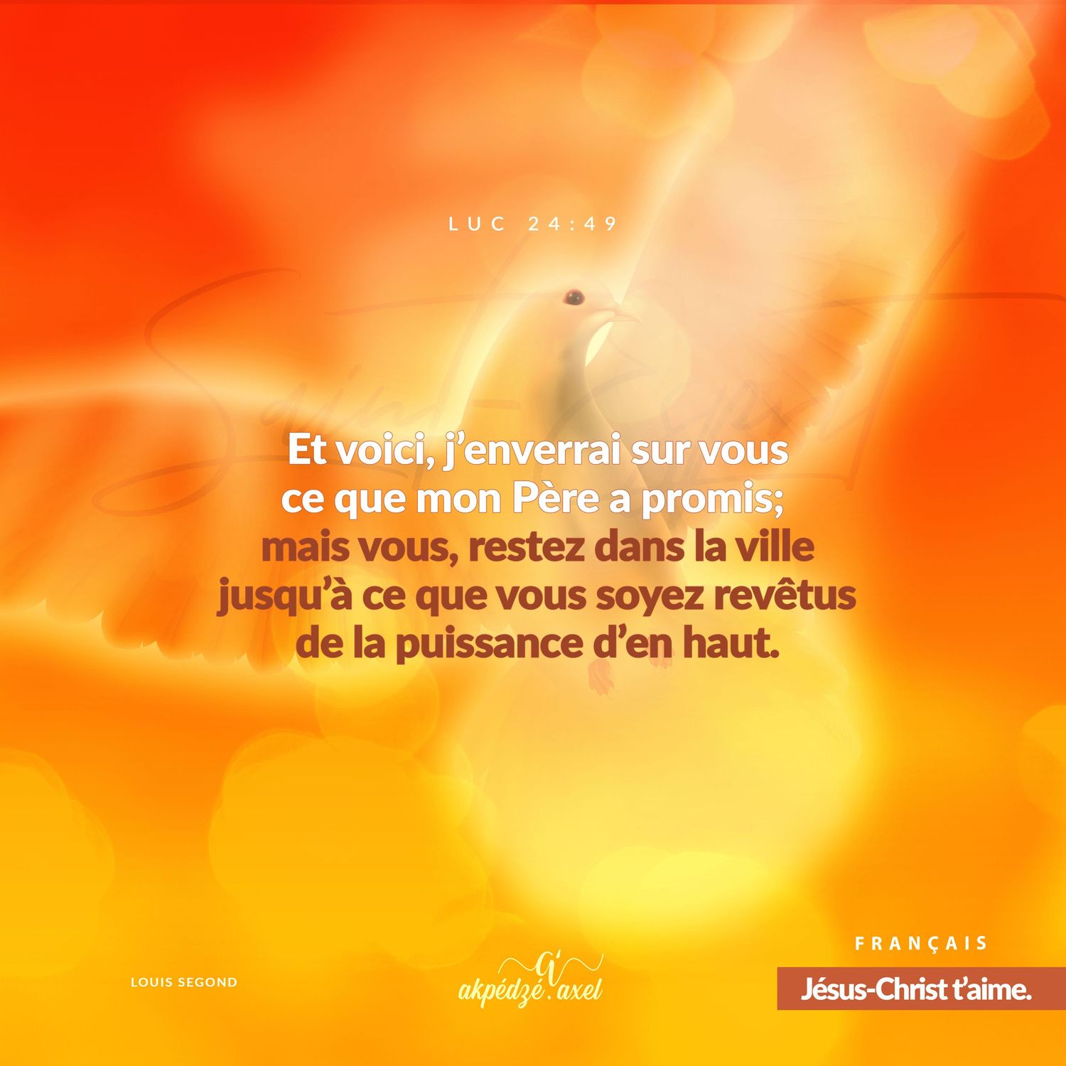 Orange and yellow gradient background with French spiritual text about divine power.