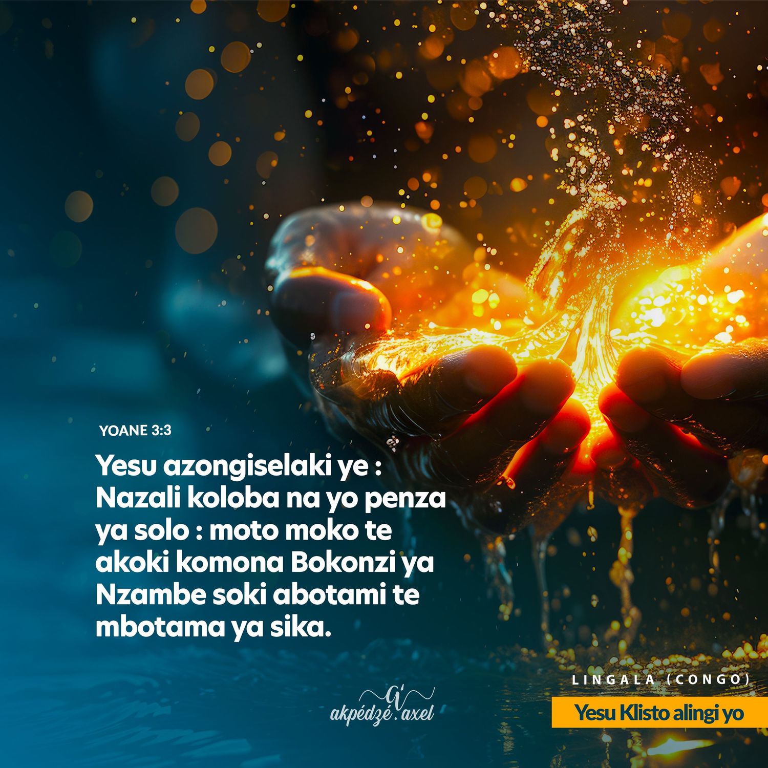Abstract golden light explosion with sparks and bokeh effects against a dark turquoise background with overlaid text.