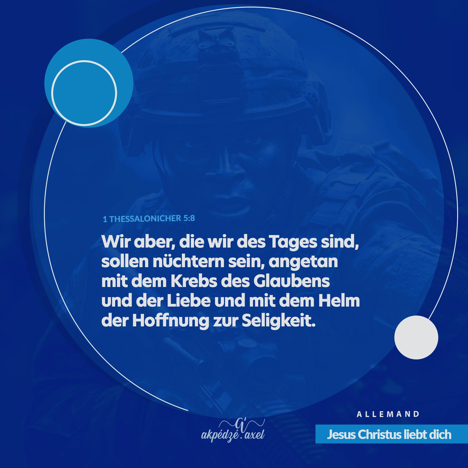 A circular blue design with German text about being sober and wearing faith and salvation as a helmet.