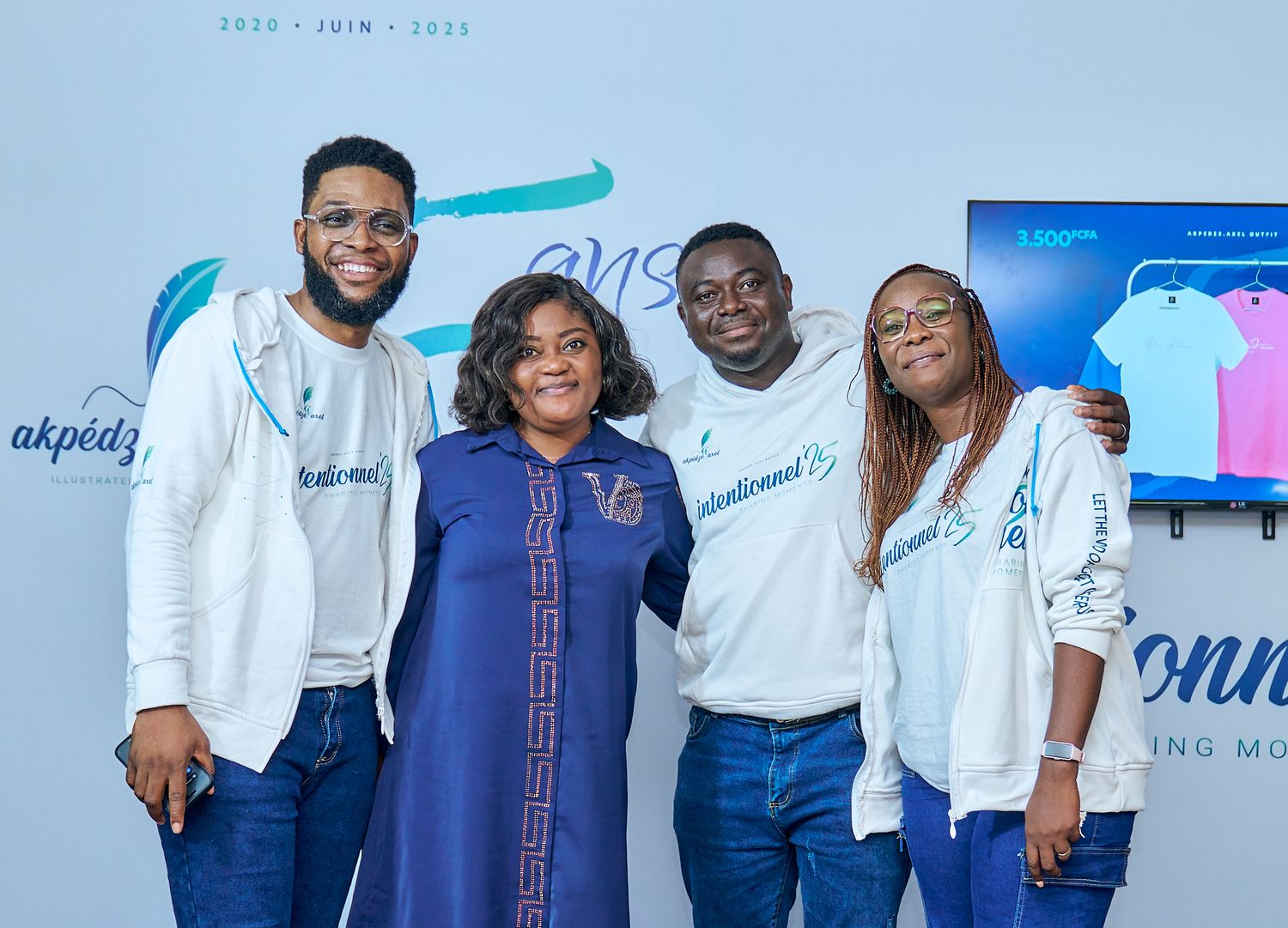 Group shots from sharing moment called intentionnel showing people in matching outfits against branded backdrop