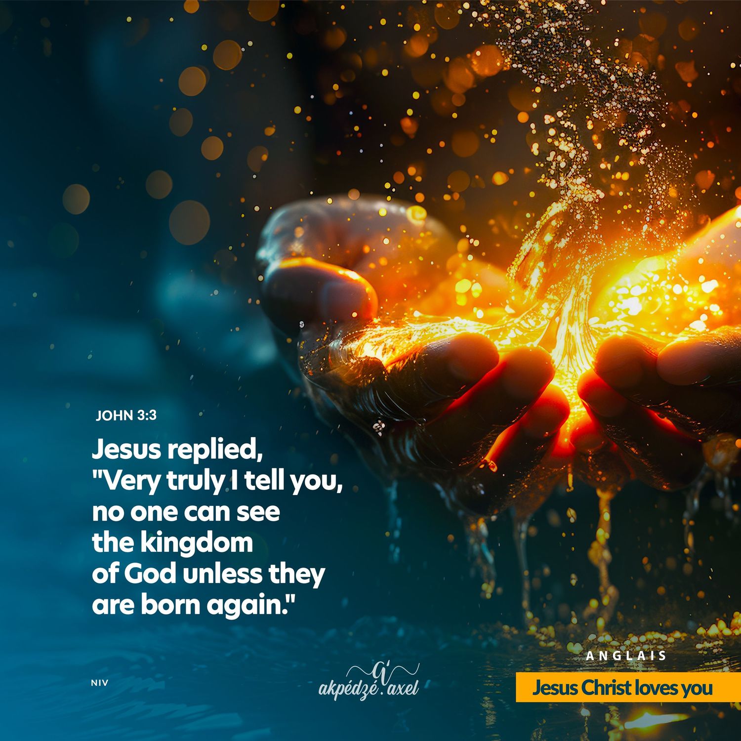 Religious quote about being born again overlaid on abstract cosmic artwork with golden light and dark blue background effects.