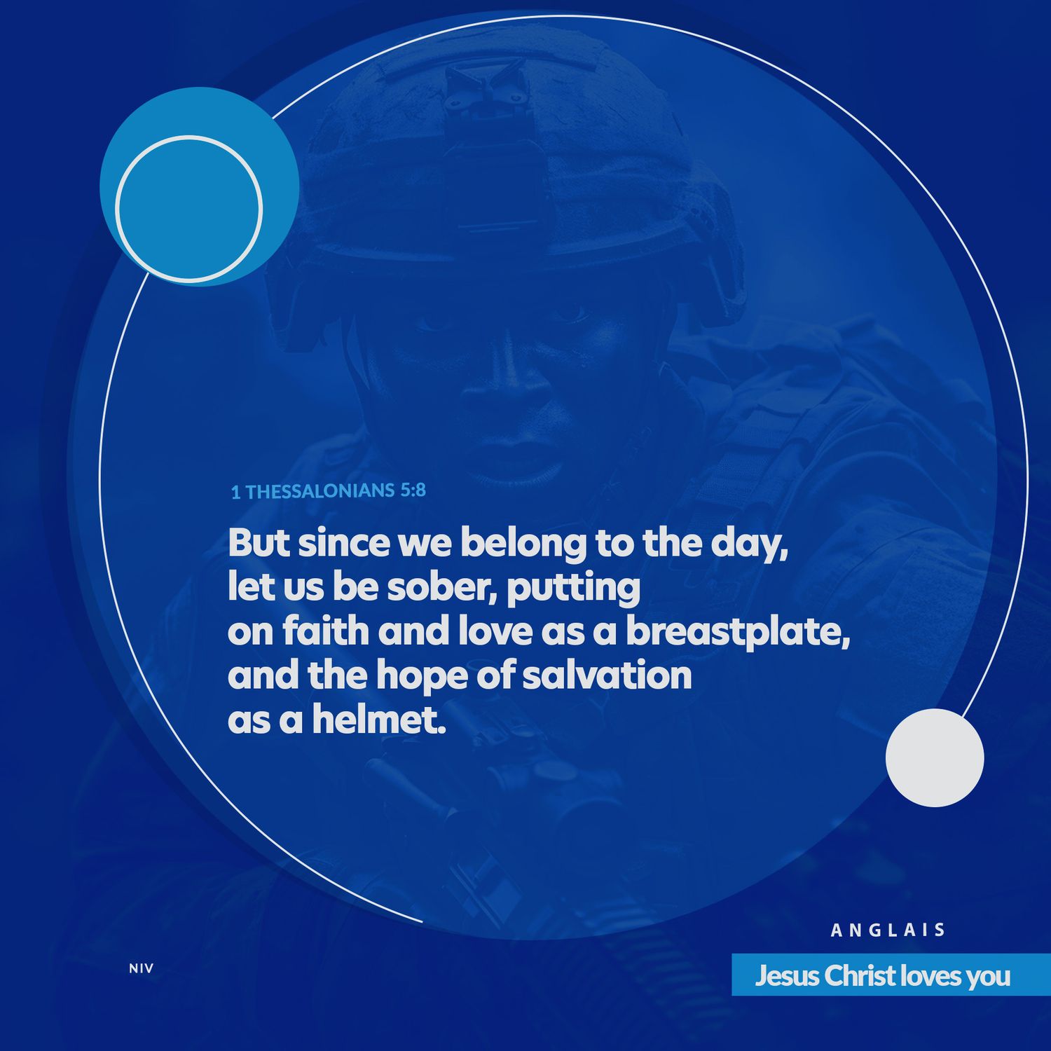A blue circular design featuring a biblical quote about being sober and putting on faith and salvation as a helmet.