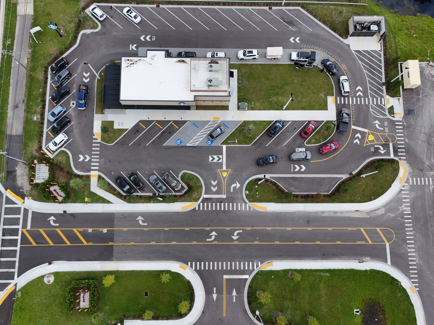 High-resolution drone image of a commercial drive-thru and parking layout, captured for spatial mapping analysis in Central Florida.