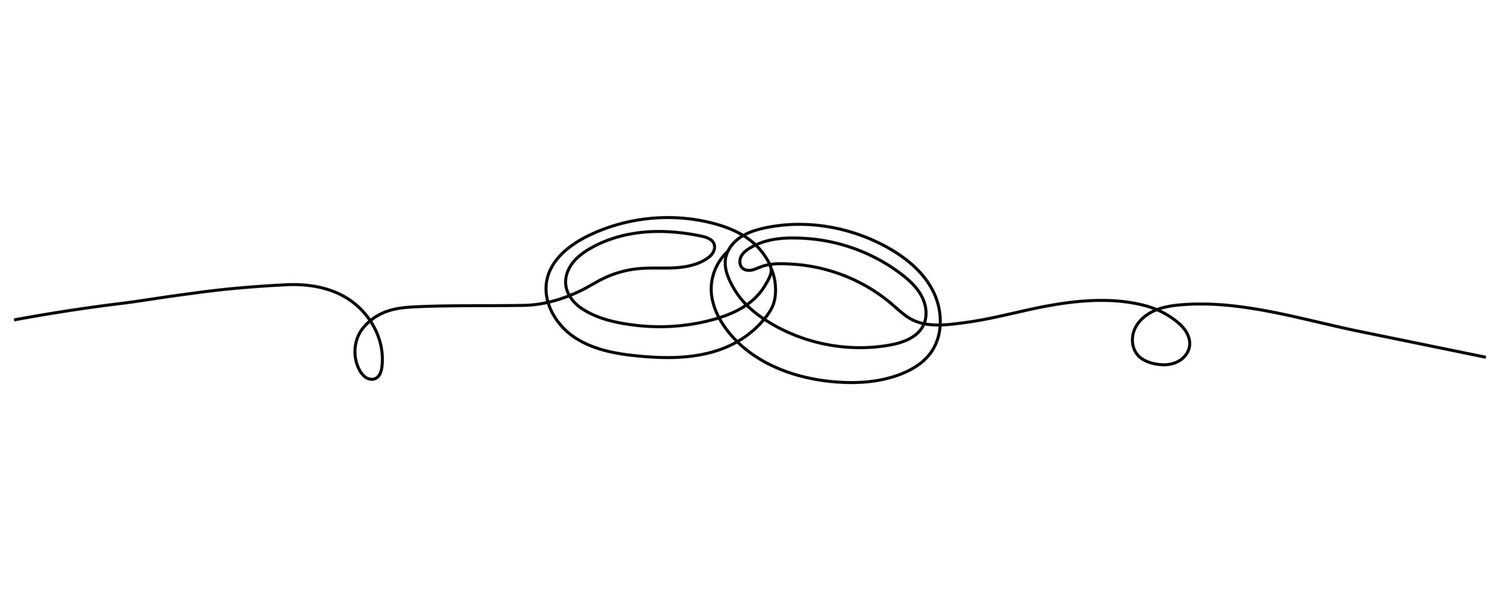 Minimalist line drawing of two interlocked wedding rings in a continuous single line design.