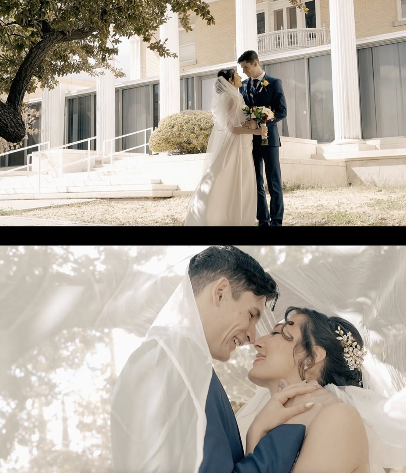 Split photo showing romantic wedding portraits in natural lighting against classic architecture.