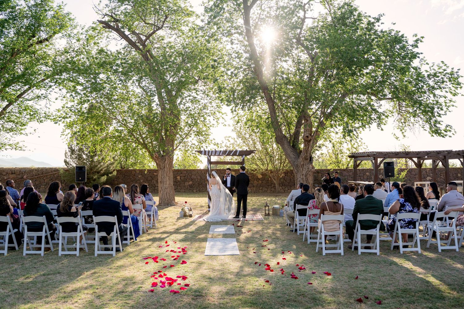 White chairs arranged outdoors beneath towering trees for a garden wedding ceremony.