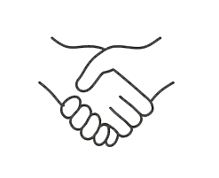 Simple outline illustration of two hands clasped in a handshake.