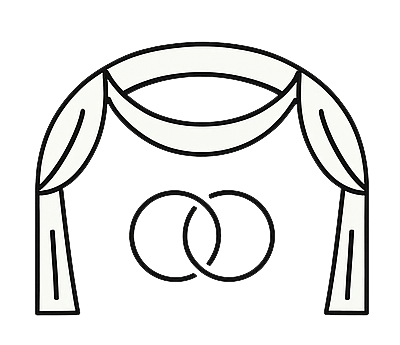 Wedding arch icon with curtains and interlocking rings symbol.