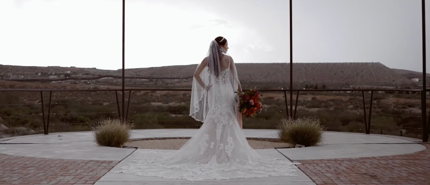 A wedding photo collage showing various outdoor desert venue scenes with decorative elements and bridal moments.