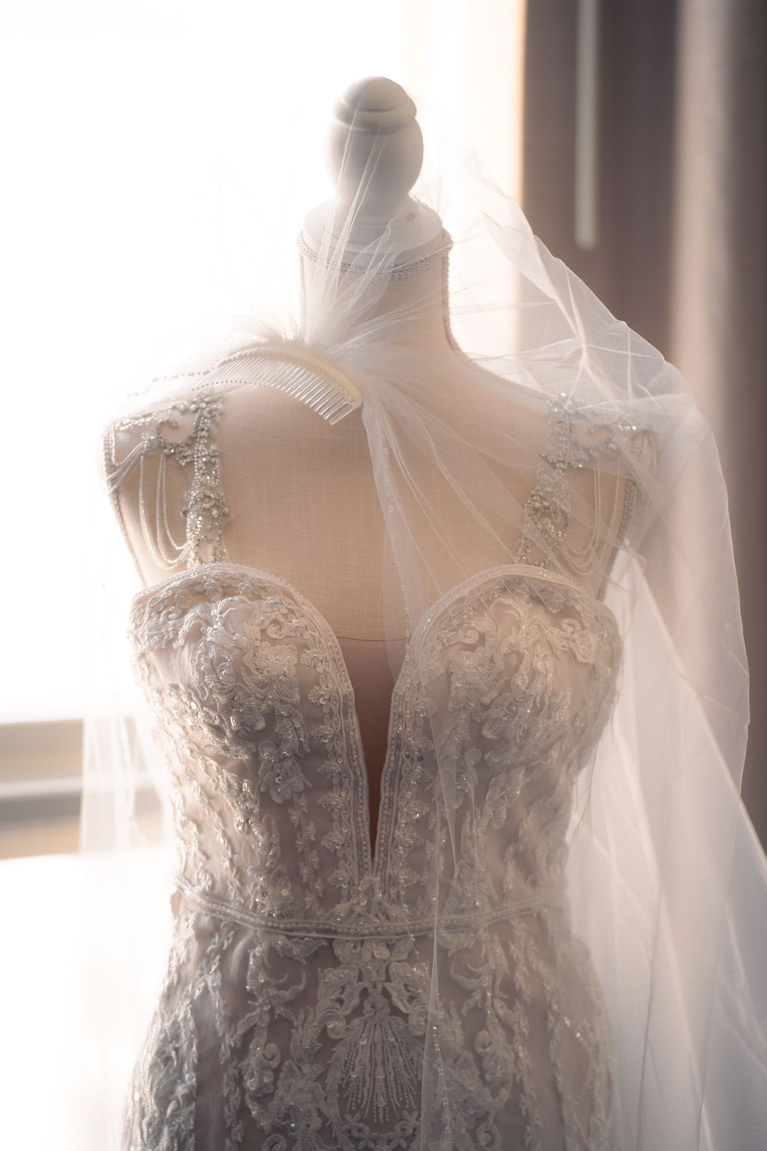 Elegant beaded lace wedding gown with deep V-neckline and flowing veil displayed on a mannequin in soft natural light.