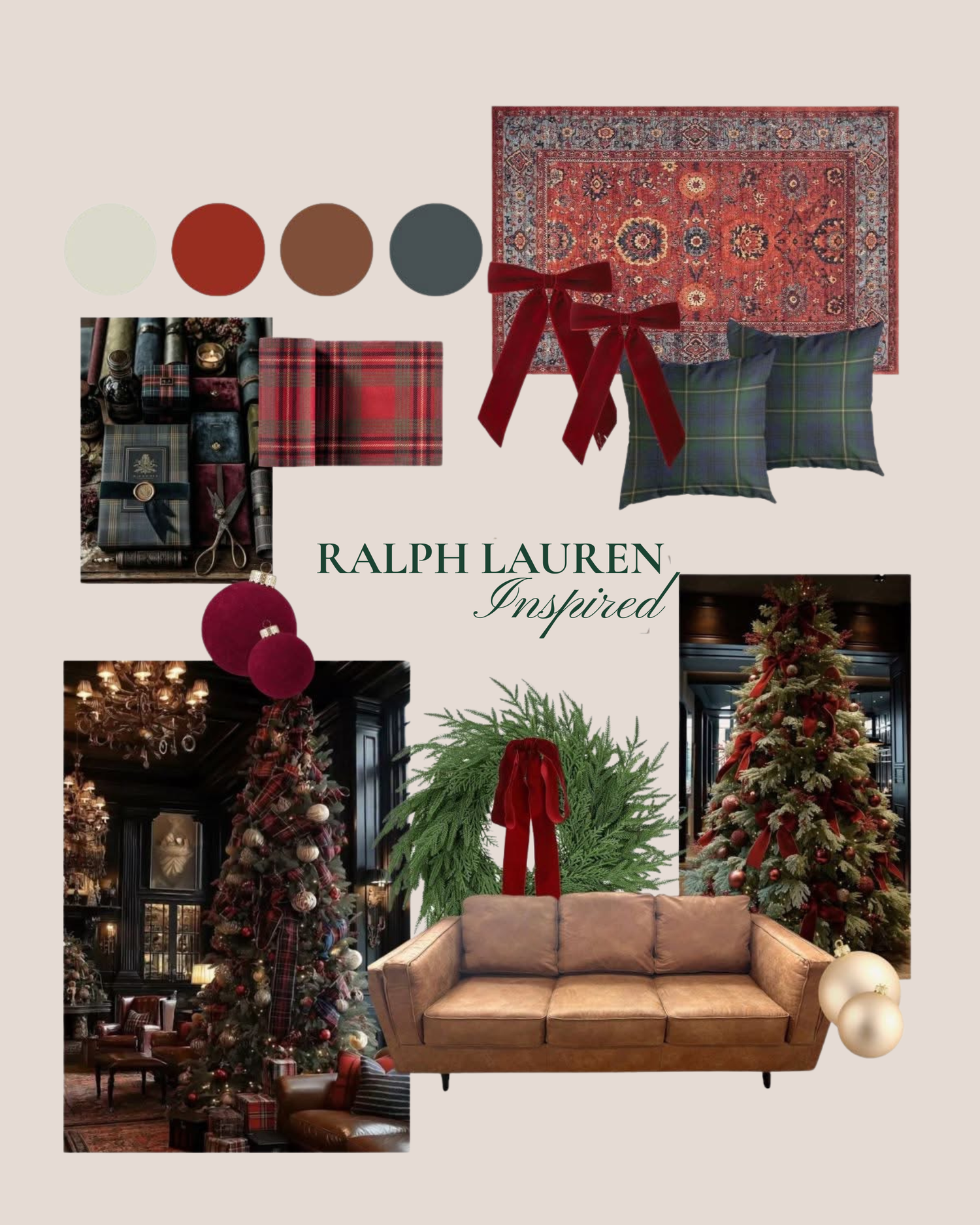 Ralph Lauren inspired Christmas mood board with plaid pillows, red Persian rug, leather sofa, festive trees, and holiday decor.