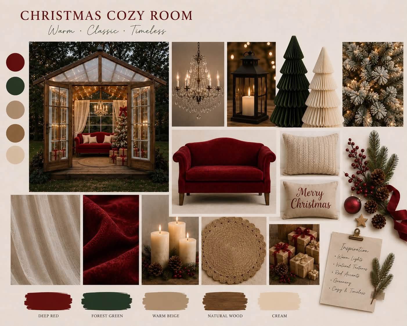 A warm Christmas cozy room mood board featuring deep red velvet, forest green, and cream tones with classic holiday decor.